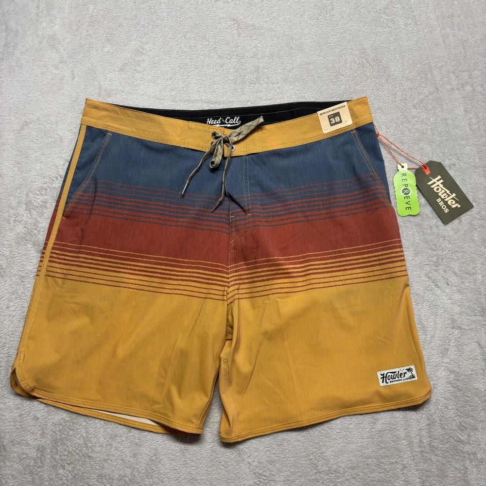 NWT Howler Bros Bruja Boardshorts Mens 38 Meridians Old Gold Stripes NEW Stretch